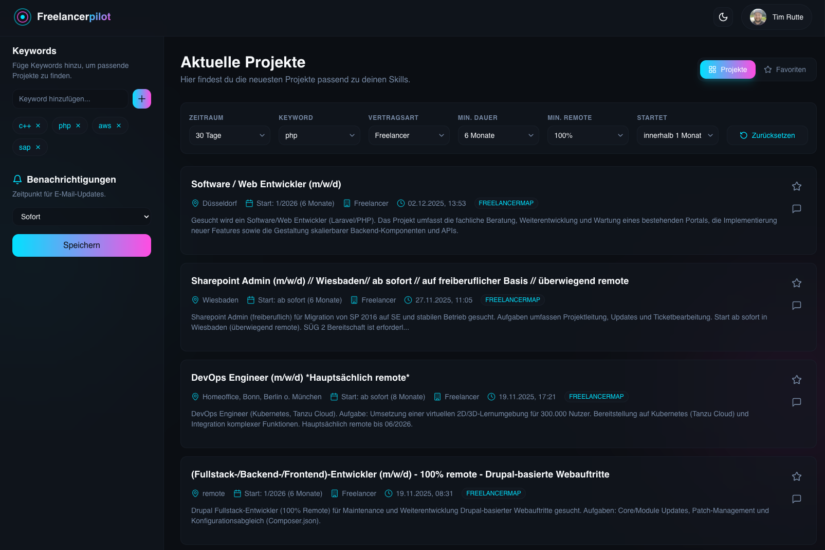 Freelance Radar Dashboard - Übersichtliches Projekt-Management mit intelligenten Filtern